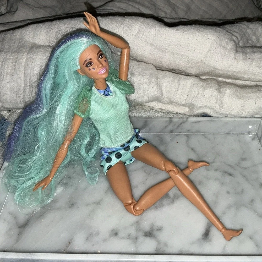 Articulated Barbie Bubble Tea Doll Mint Green Blue Long Blue Hair Star Tattoos